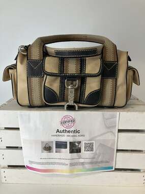 MICHAEL KORS SATIN, CANVAS STRIPED BLINGED MAKEUP DUFFLE BAG